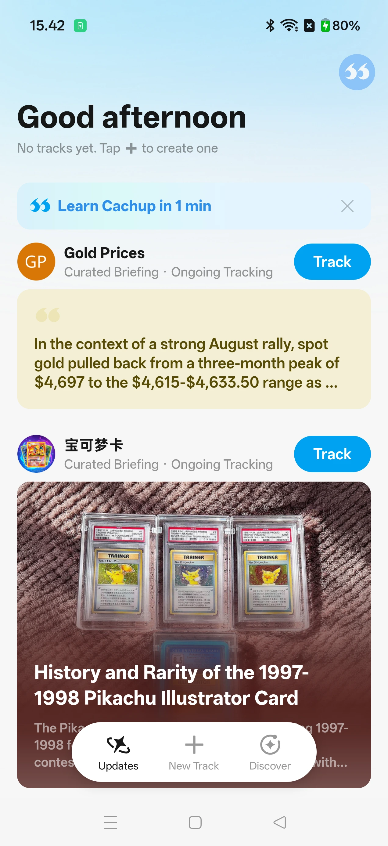 Cachup Updates page with personalized briefings