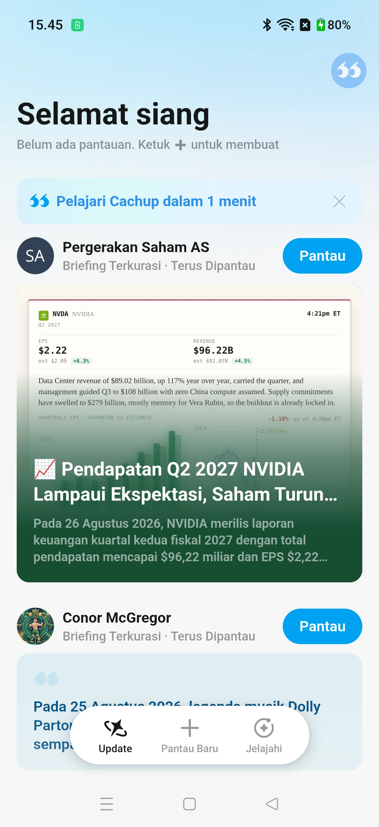 Halaman Update Cachup dengan briefing personal